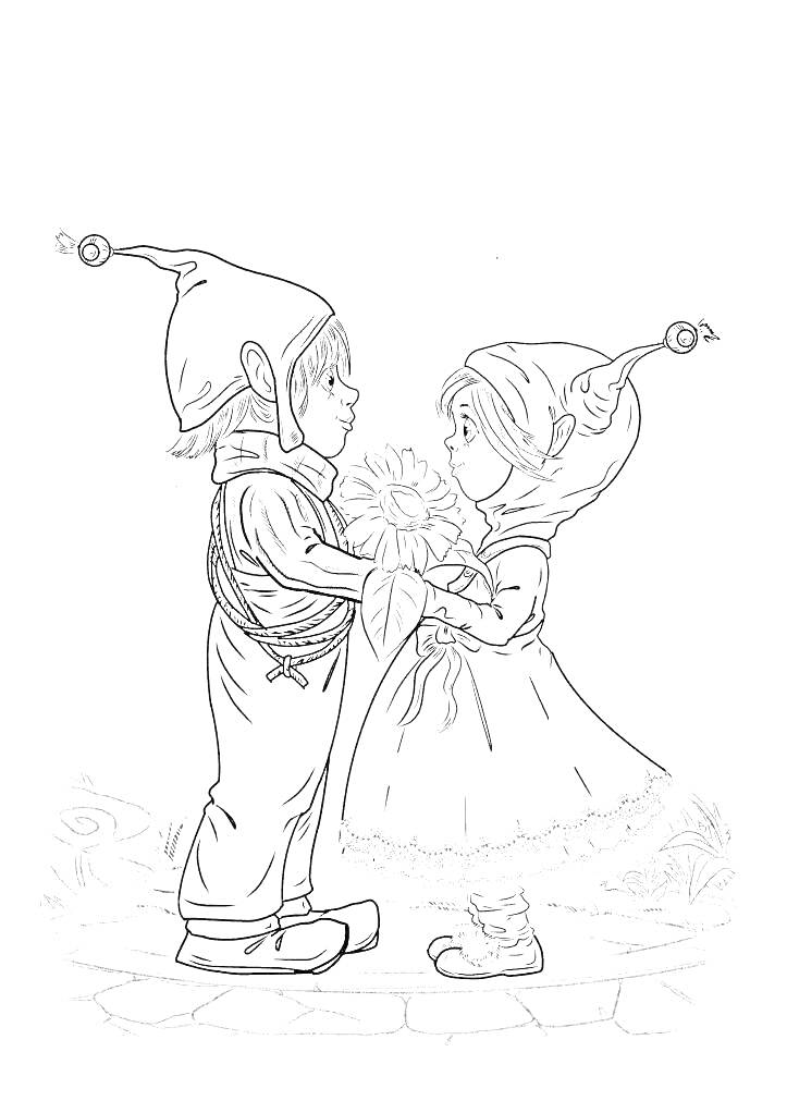 Два гнома в шляпах держатся за руки и смотрят друг на друга, мальчик дарит девочке цветы
