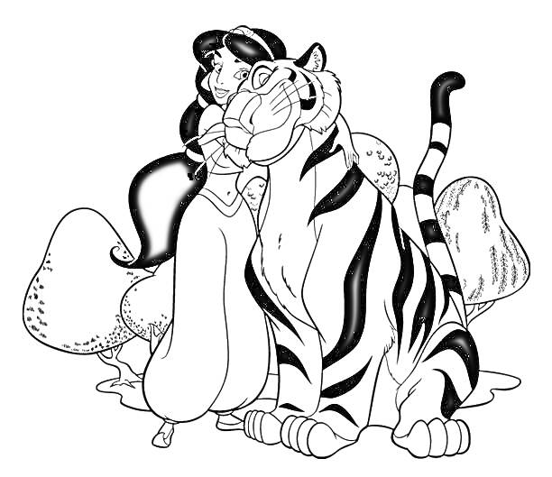 Раскраска Принцесса с длинными волосами и тигр на фоне больших грибов