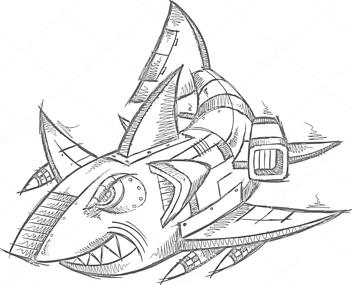 Раскраска Акула робот с шипами и ракетами