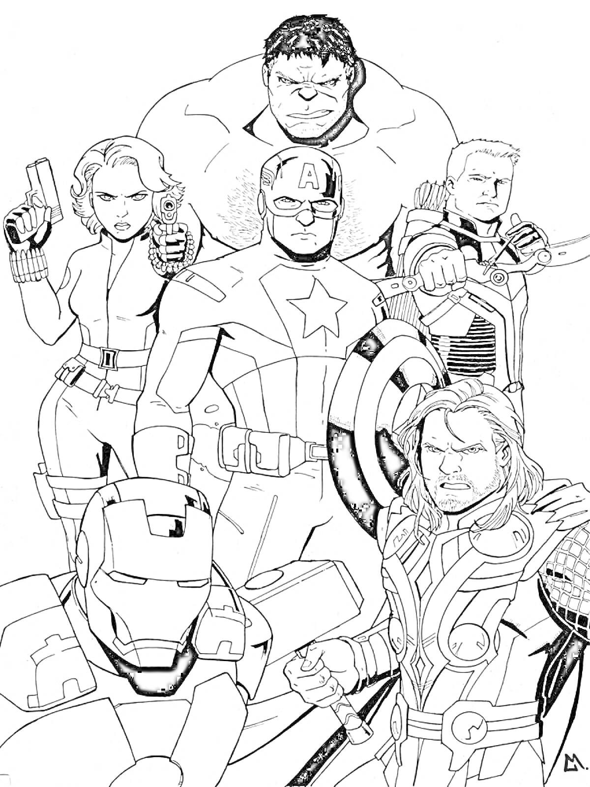 На раскраске изображено: Марвел, Супергерои, Железный человек, Черная вдова, Капитан америка, Тор, Халк, Соколиный Глаз, Комиксы, Мстители