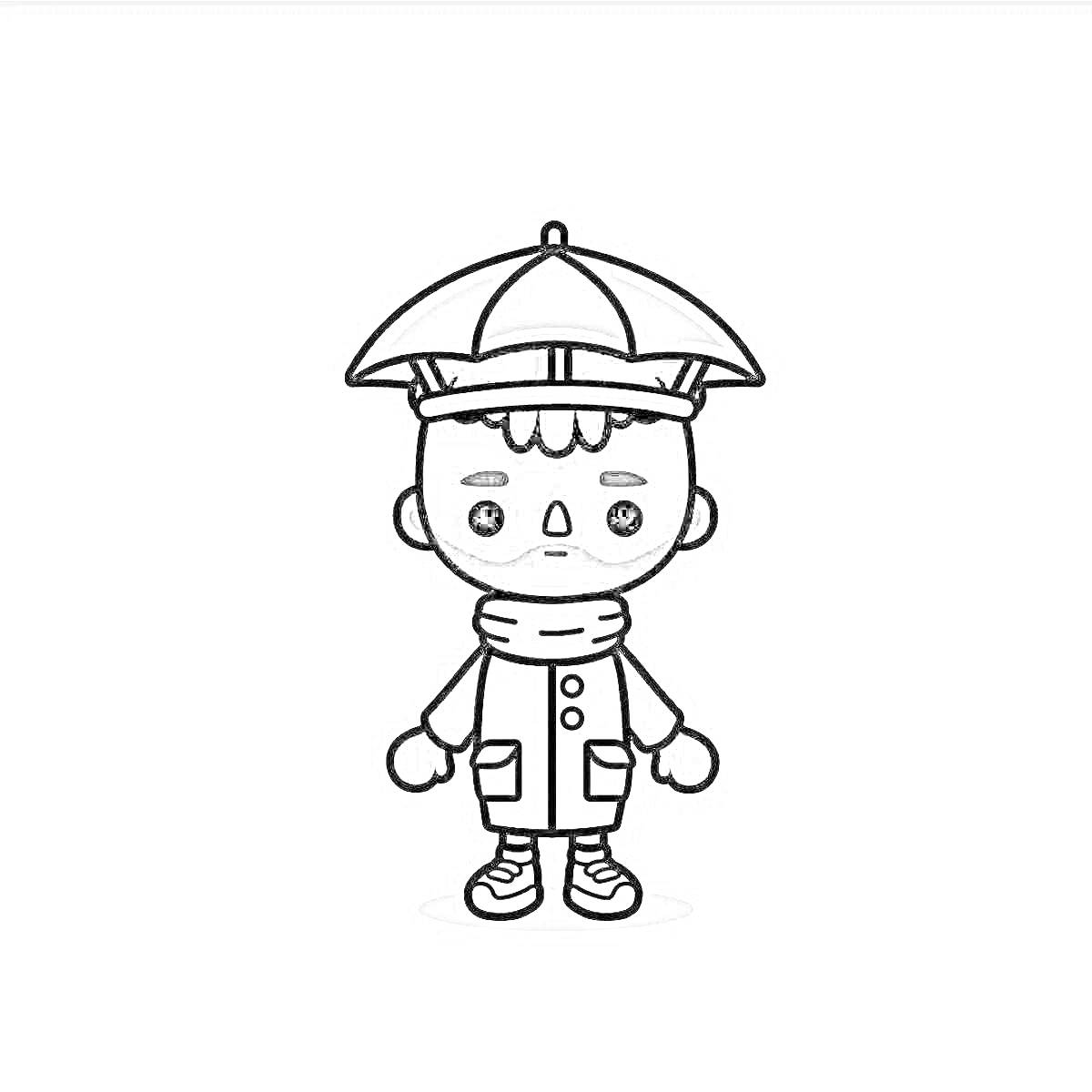 Раскраска Человек в шляпе-зонтике, шарфе и пальто с карманами