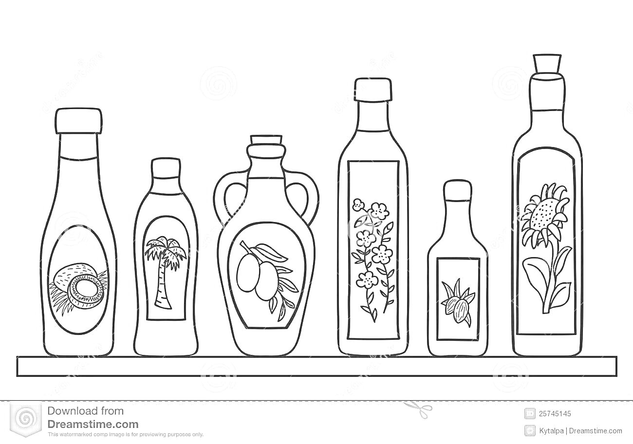 На раскраске изображено: Растительное масло, Кокос, Оливки, Цветы
