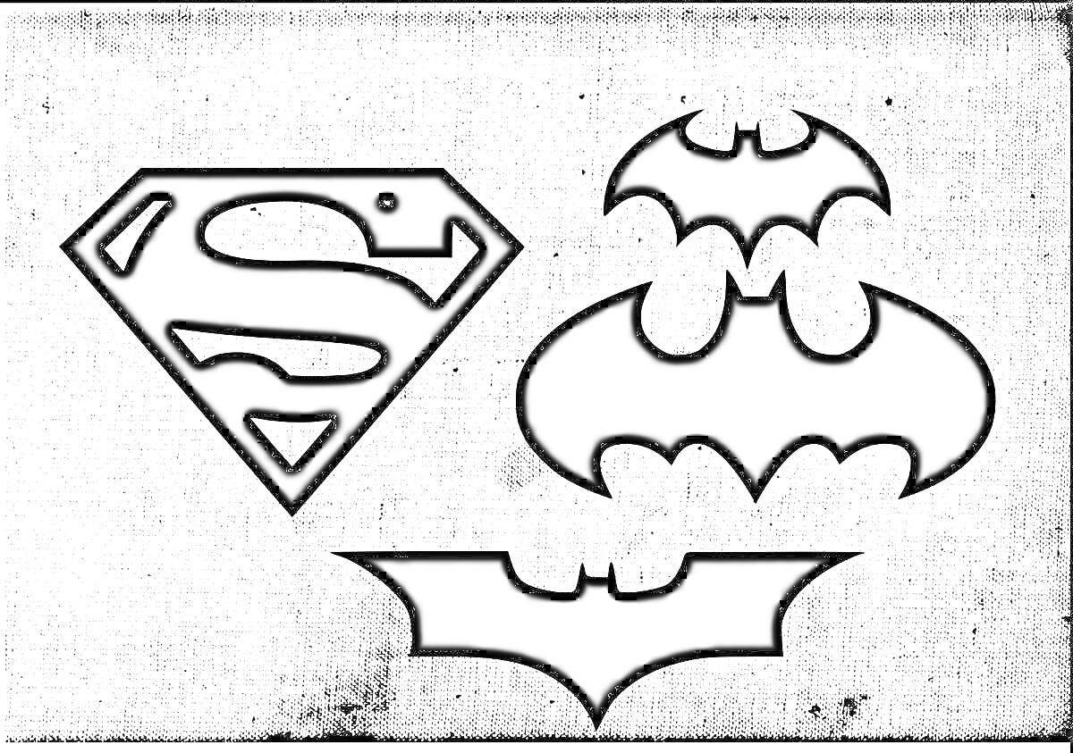 На раскраске изображено: Бэтмен, Супермен, Комиксы, Супергерои, Символы