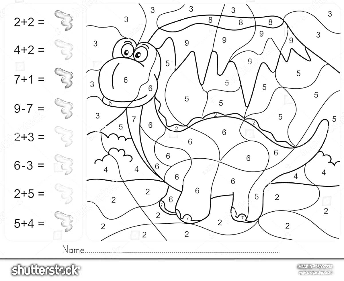 На раскраске изображено: По номерам, 4 класс, Динозавр, Горы, Математика, Образование, Учеба