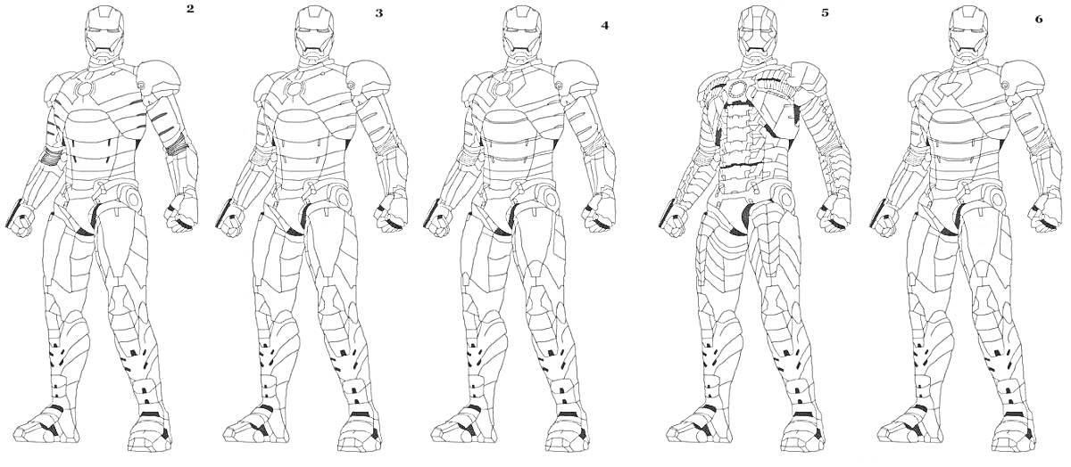 различные версии костюма Железного Человека, 5 вариантов железного костюма, вид спереди