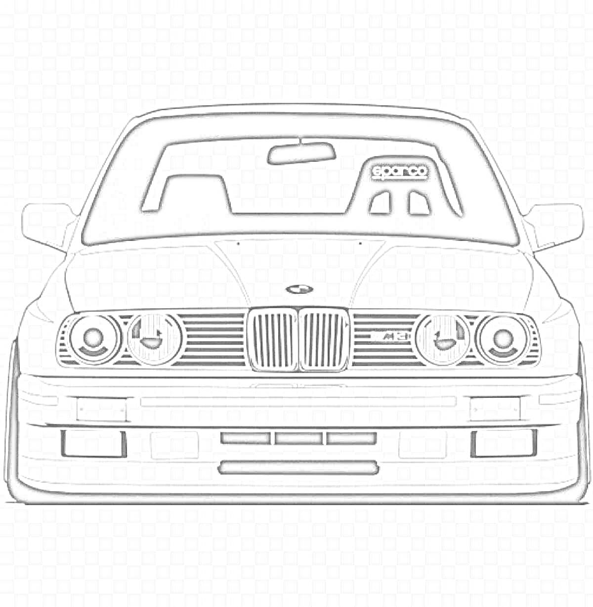 Раскраска Вид спереди автомобиля BMW E34 с сиденьями Sparco