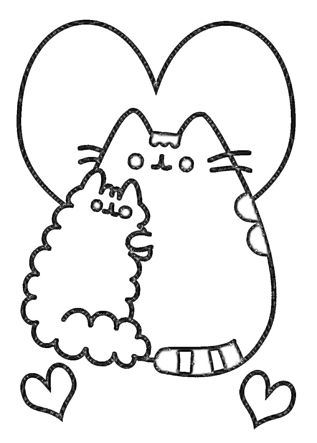 На раскраске изображено: Любовь, Романтика, Маленькие сердечки, Каракули, Пушистый кот, Полосатый кот