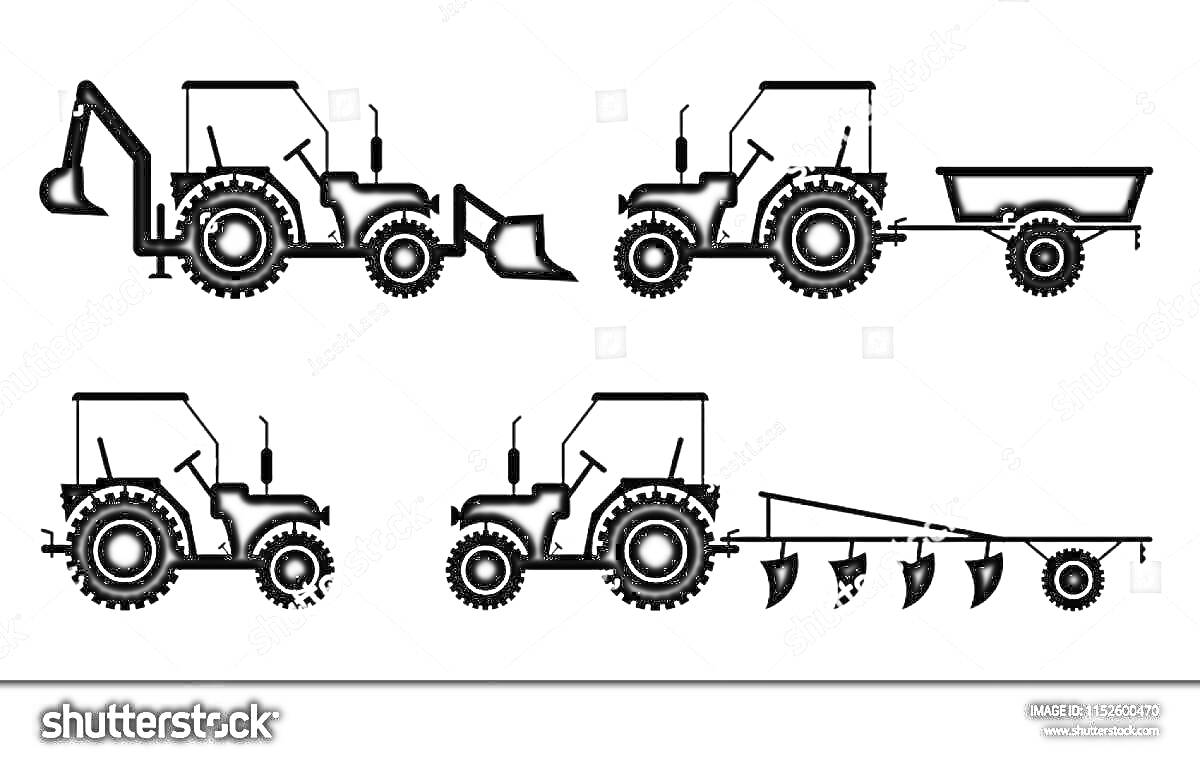 На раскраске изображено: Трактор, Ковш, Прицеп, Сельское хозяйство, Техника