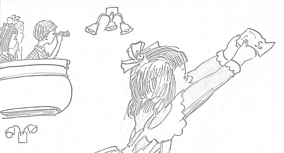 Раскраска Девочка с бантом вытирает доску, дети с подзорной трубой на пароходе, два корабельных колокола на веревках