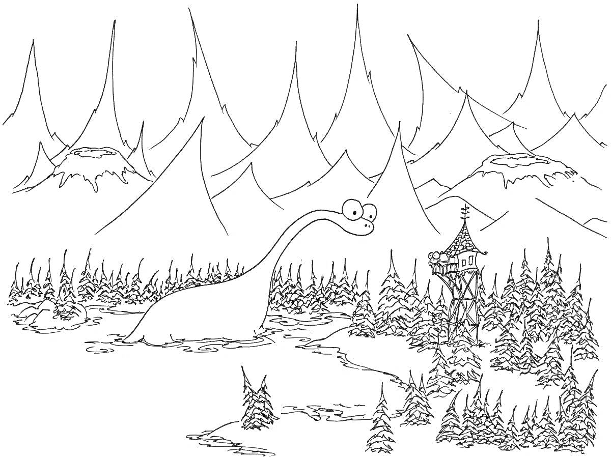 Раскраска Сосновый бор с динозавром и сторожевой башней на фоне гор