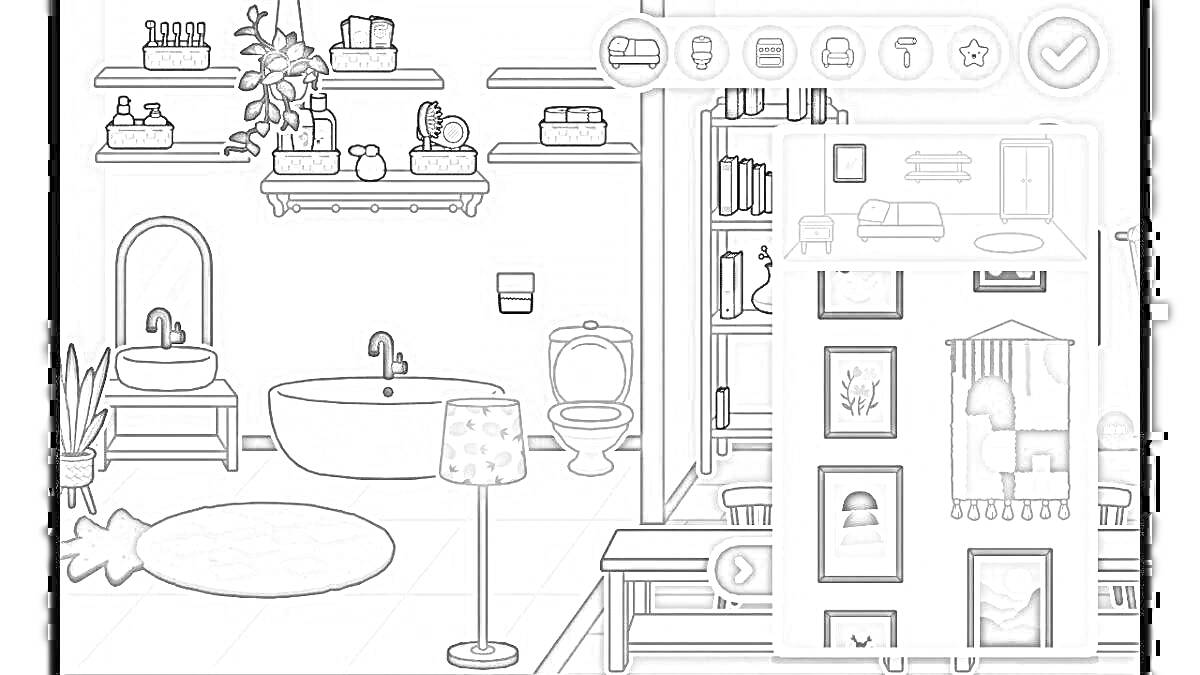 Раскраска Ванная комната в стиле Toca Boca с раковиной, ванной, унитазом, книжными полками, зеркалом, коверком, полками с аксессуарами, полотенцами и растениями
