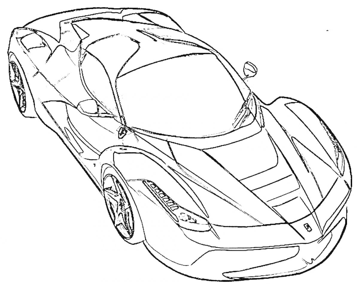 Раскраска Спортивный автомобиль Ferrari с аэродинамическим корпусом, прозрачным стеклом и деталями кузова.