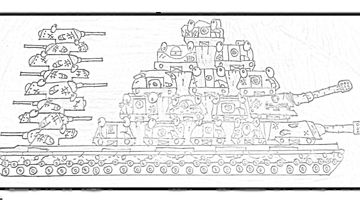 Раскраска Большой танк и множество маленьких танков сверху и рядом, со стрелками и различными деталями.