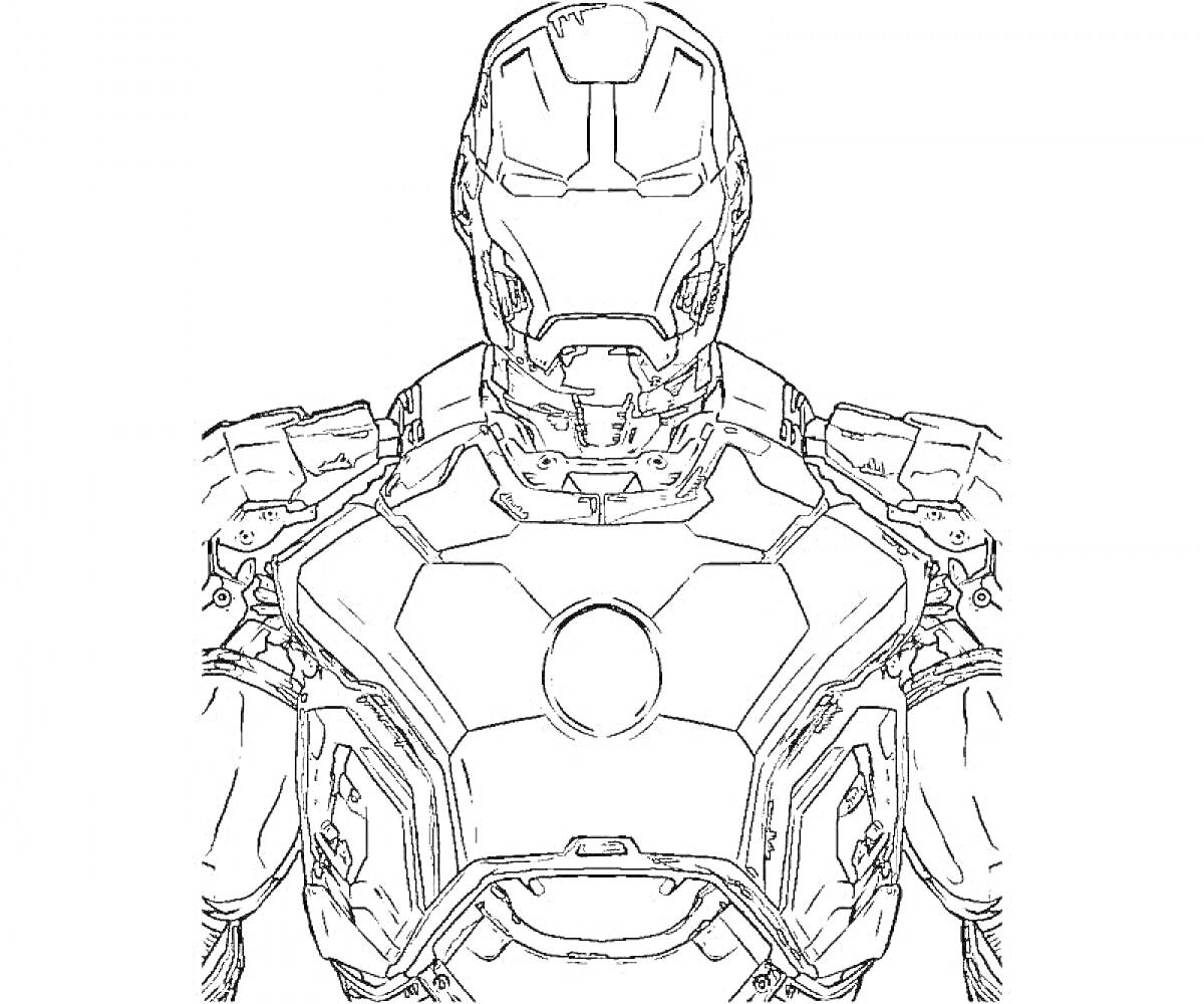 На раскраске изображено: Железный Человек, Тони Старк, Бронекостюм, Арт