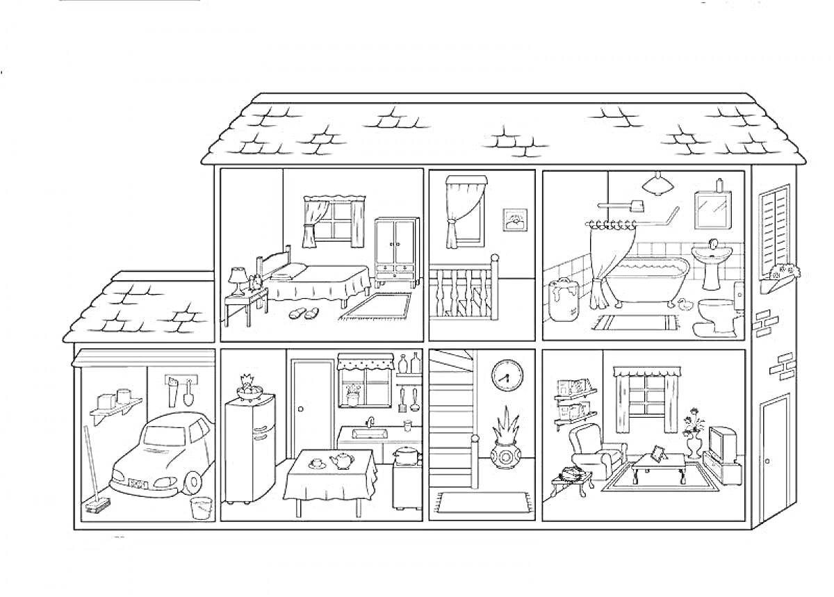 Раскраска Домик внутри - спальня с кроватью, ванная комната с ванной и душем, гараж с машиной, кухня со столом и плитой, коридор с лестницей и часами, гостиная с диваном и телевизором