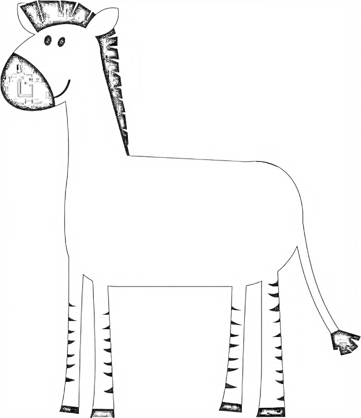 Раскраска зебра без полосок, с черной гривой и хвостом, на белом фоне, счастливое выражение лица
