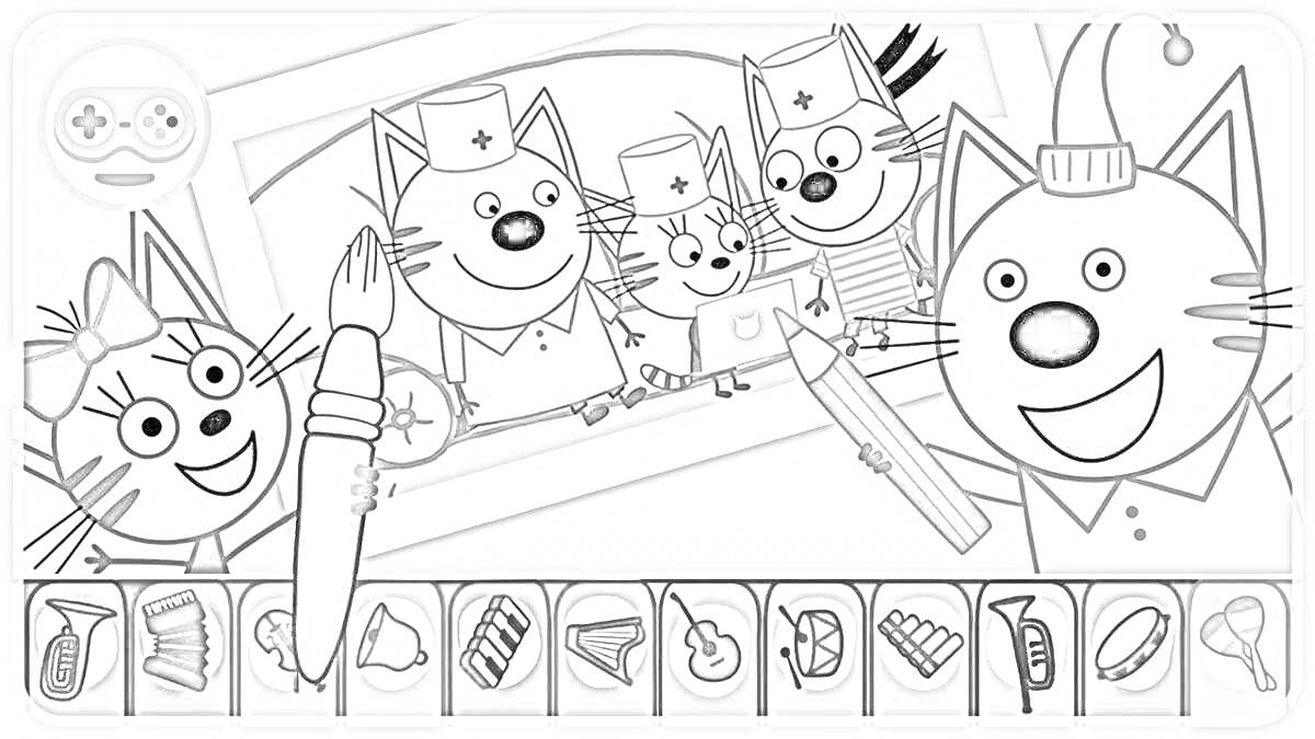На раскраске изображено: Три кота, Головные уборы, Одежда, Музыкальные инструменты, Творчество, Кот