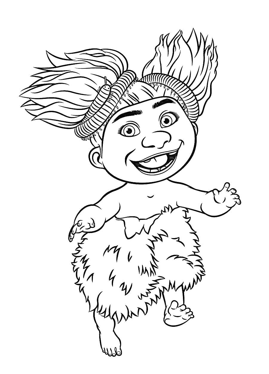 Девочка в наряде из меха с растрёпанными волосами из семейки Крудс