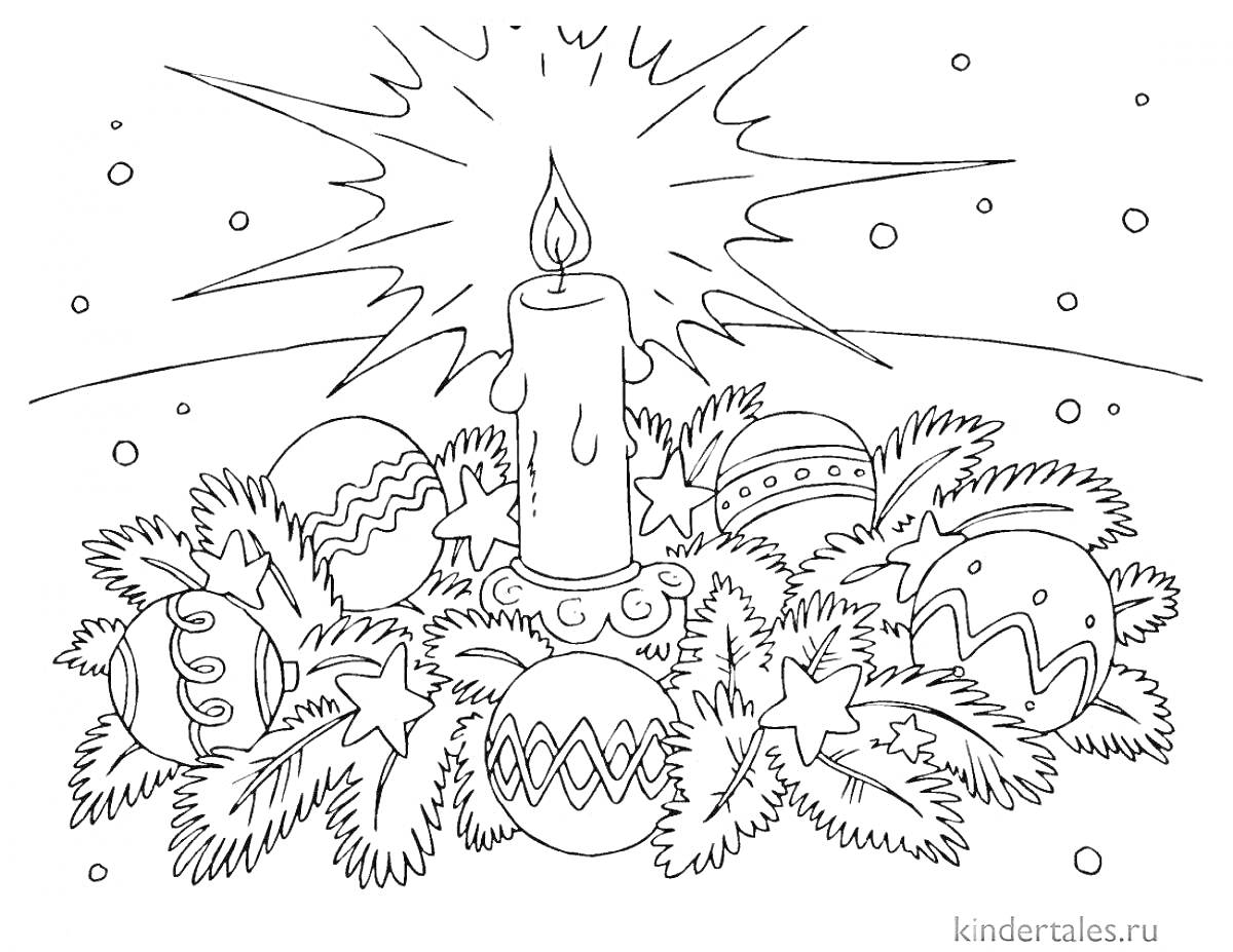 На раскраске изображено: Рождество, Новогодние шары, Звезды, Еловые ветки, Снежинки, Украшения, Праздники