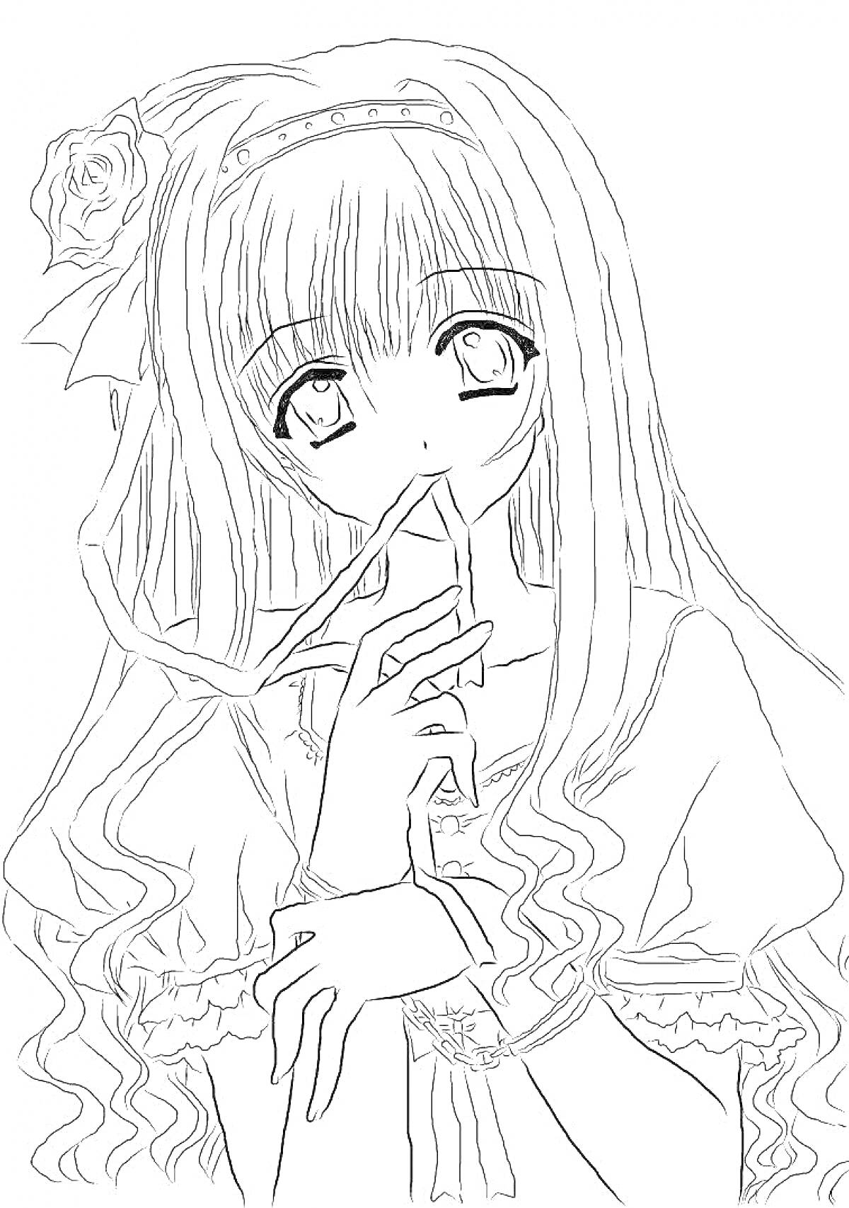 Раскраска Девушка аниме с длинными волосами, розой в волосах и лентой во рту
