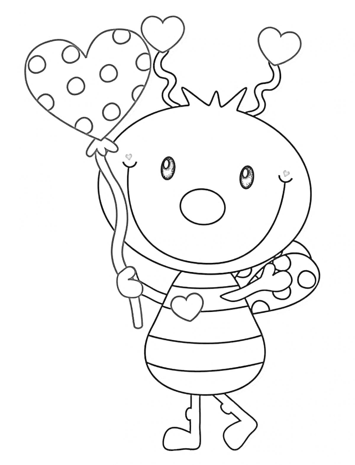 Раскраска Букашка с полосатым туловищем, держащая в руках воздушный шар в форме сердца