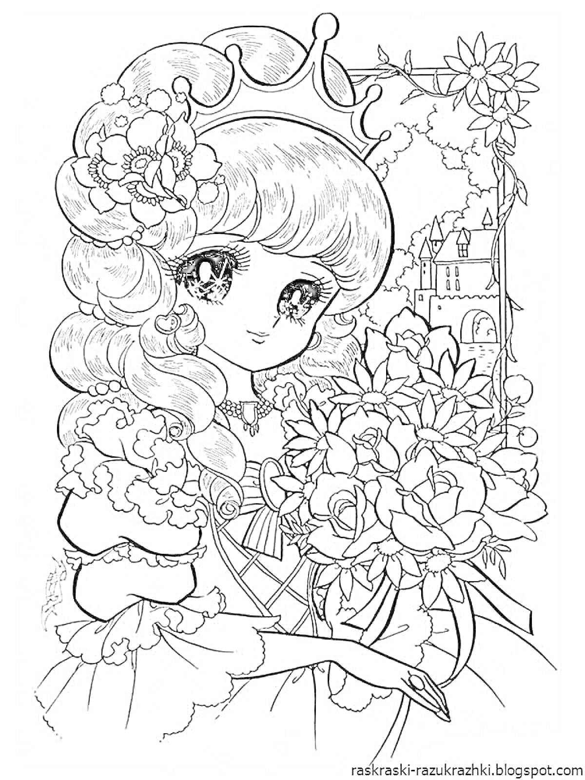 Раскраска Принцесса с букетом цветов на фоне замка