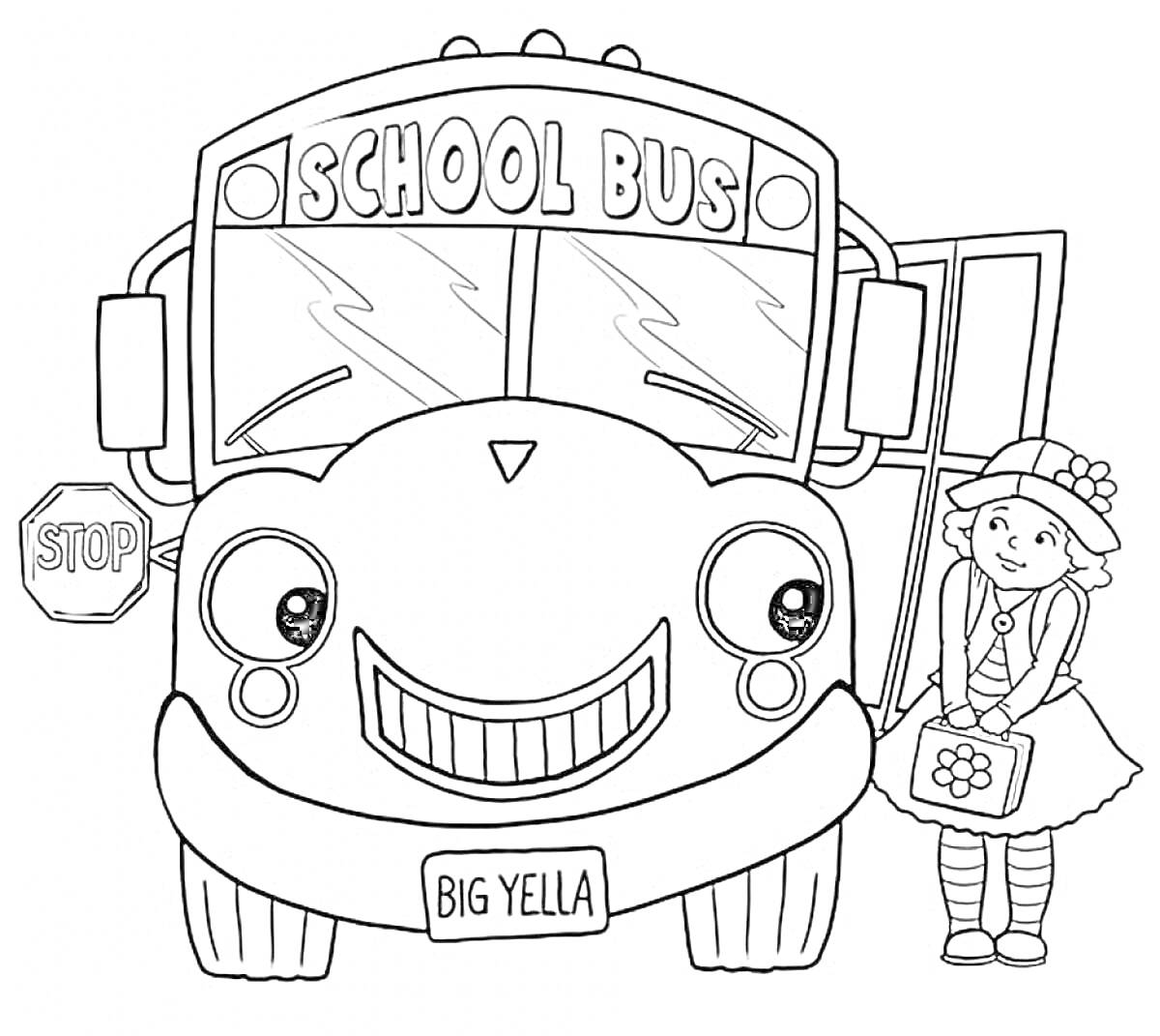 На раскраске изображено: Школьный автобус, Девочка, Остановка, Рюкзак, Школьники
