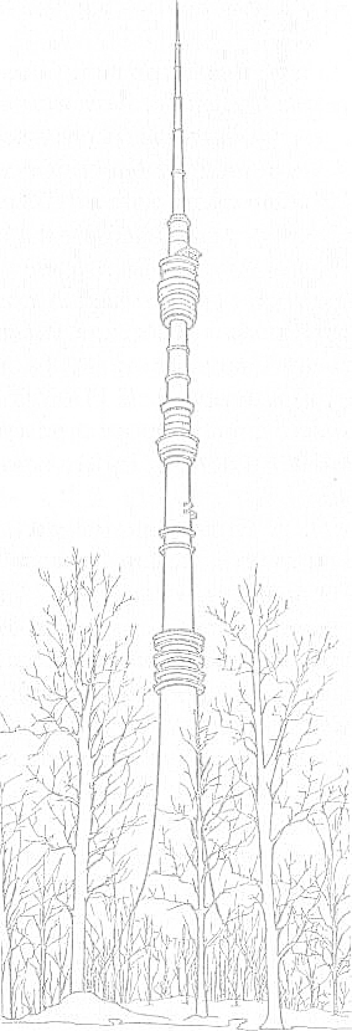 Раскраска Останкинская телебашня среди зимнего леса с обнажёнными деревьями