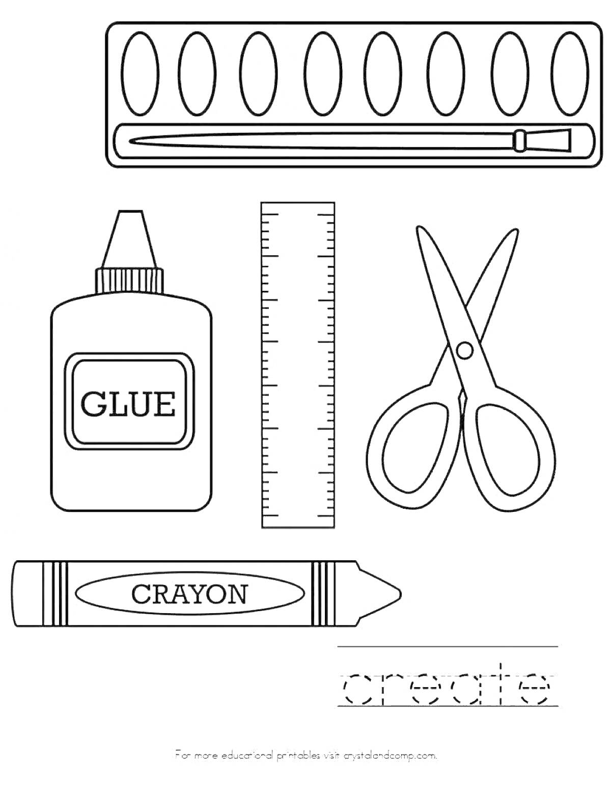 Раскраска Набор школьных принадлежностей с красками, кисточкой, клеем, линейкой, ножницами и мелком