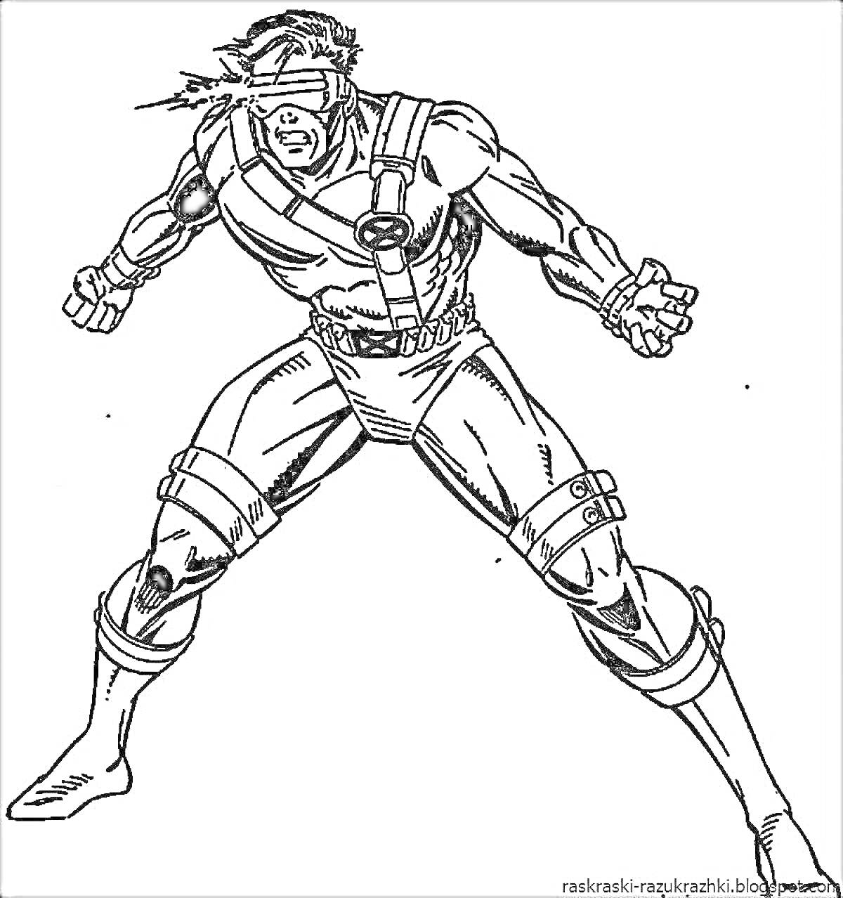 Раскраска Супергерой с повязкой на глазах и в костюме с ремнями, стоящий в боевой позе