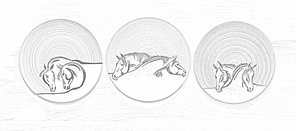 Раскраска Три тарелки с изображениями лежащих лошадей и геометрическими узорами