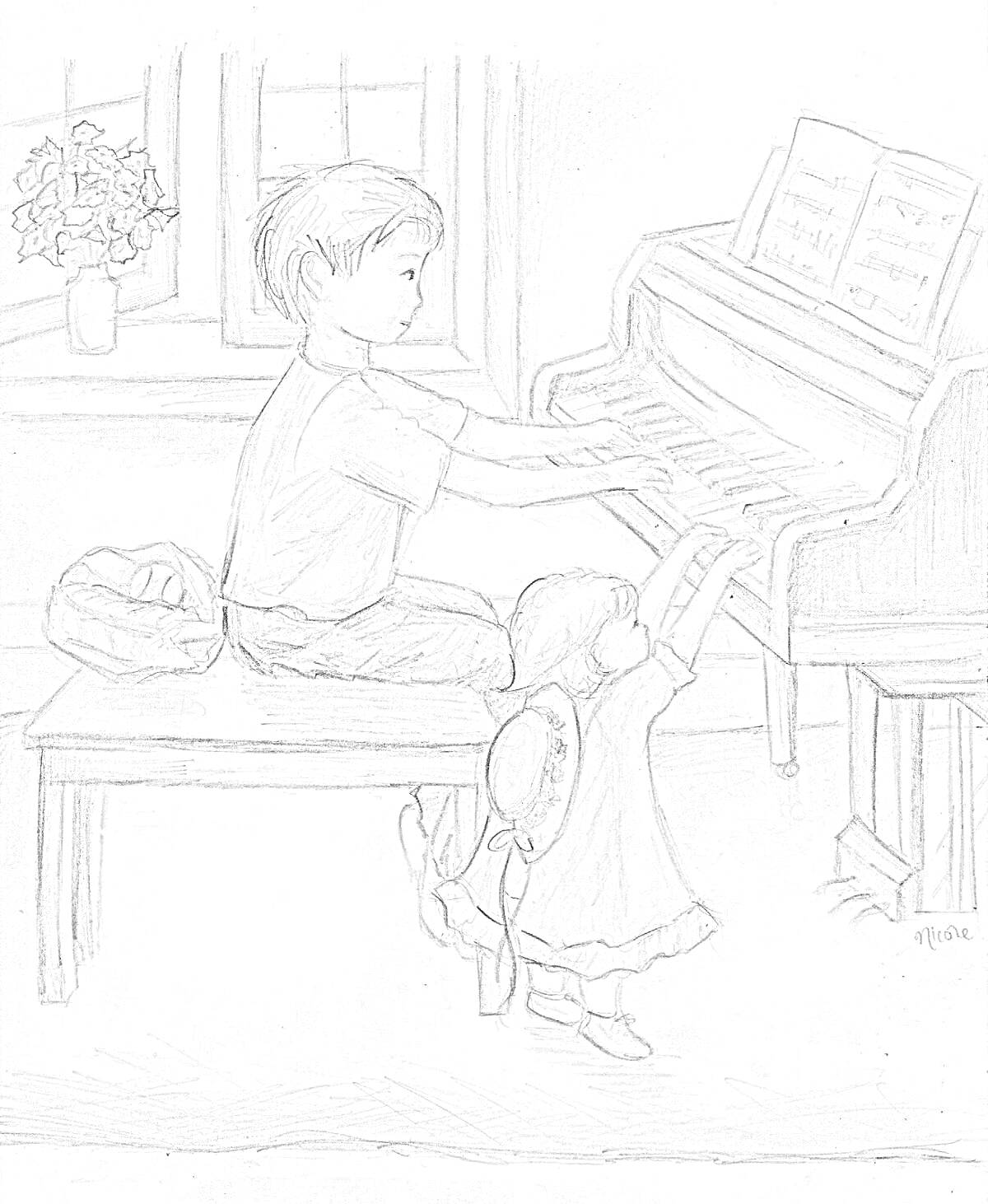 Раскраска Слепой музыкант и маленькая девочка у пианино в комнате с окном и цветком на подоконнике