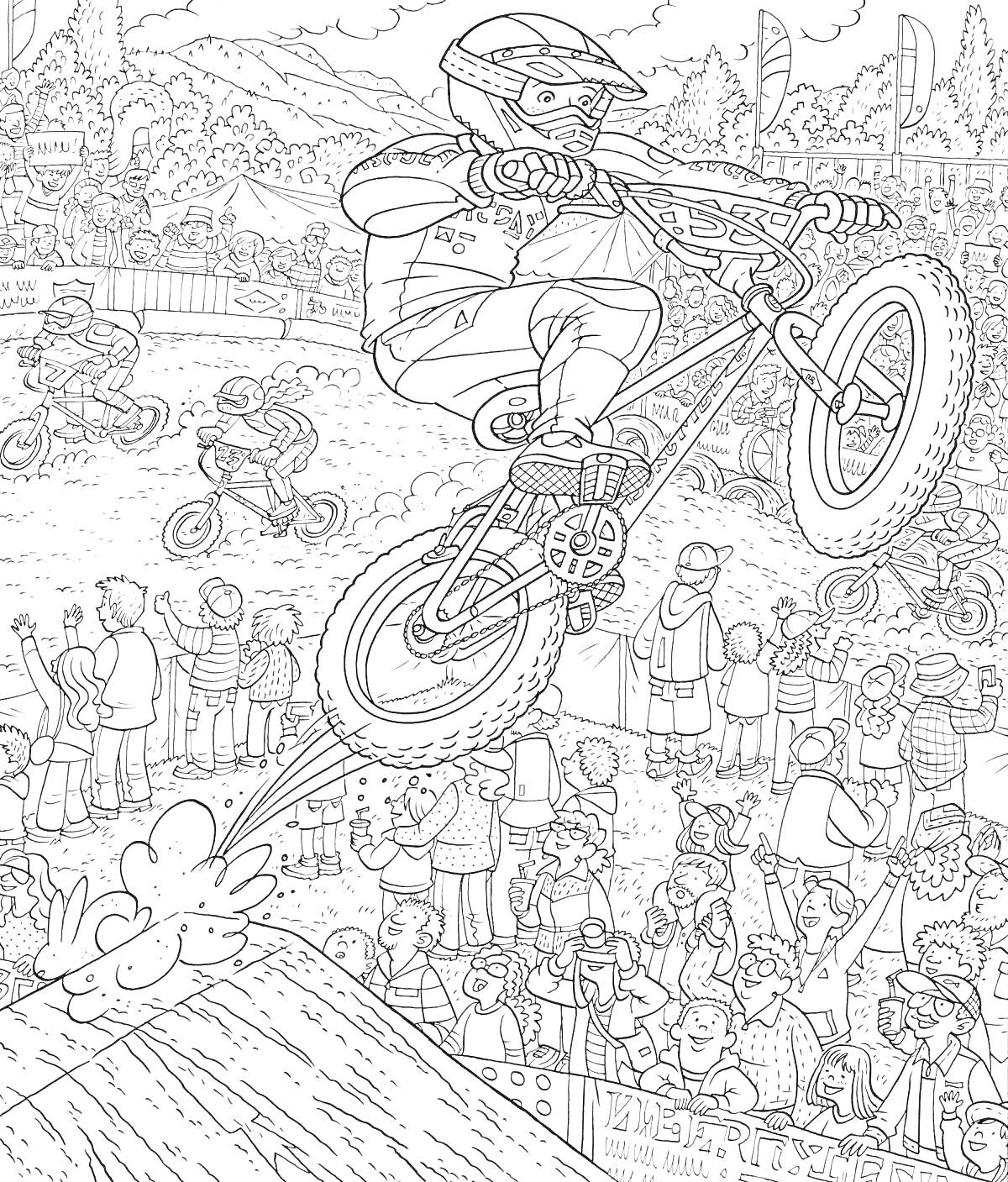 Раскраска Велогонка на BMX, прыжок велосипедиста с трамплина на фоне соревнований, несколько велосипедистов на трассе, зрители на трибунах и фоне, горы и деревья