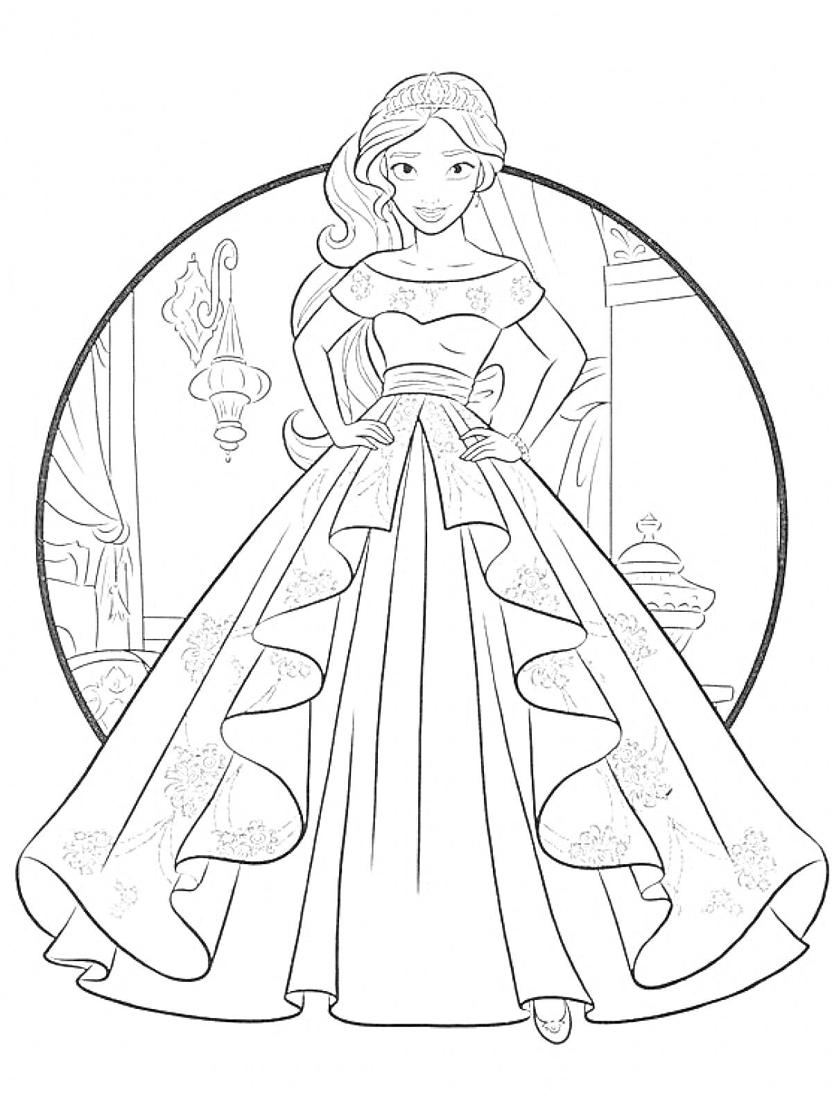 Раскраска Принцесса в бальном платье с цветочным орнаментом на юбке, на фоне дворца с лампой и окном