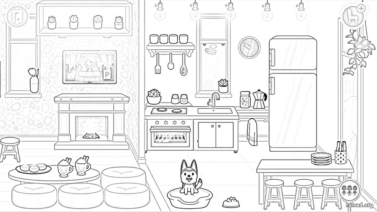Раскраска Кухня с камином, телевизором, пёсиком на коврике, холодильником и столом