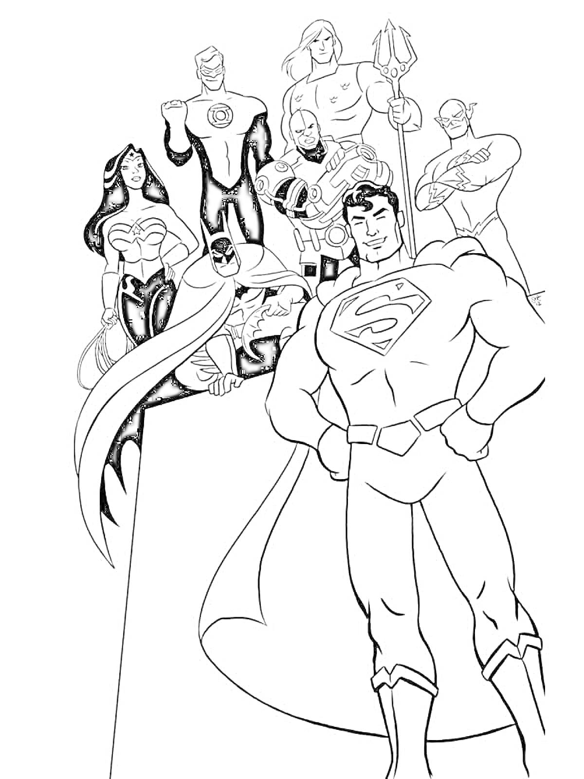 Раскраска Герои Лиги Справедливости: Супермен, Бэтмен, Чудо-женщина, Зелёный Фонарь, Аквамен, Флэш и Марсианский охотник на белом фоне
