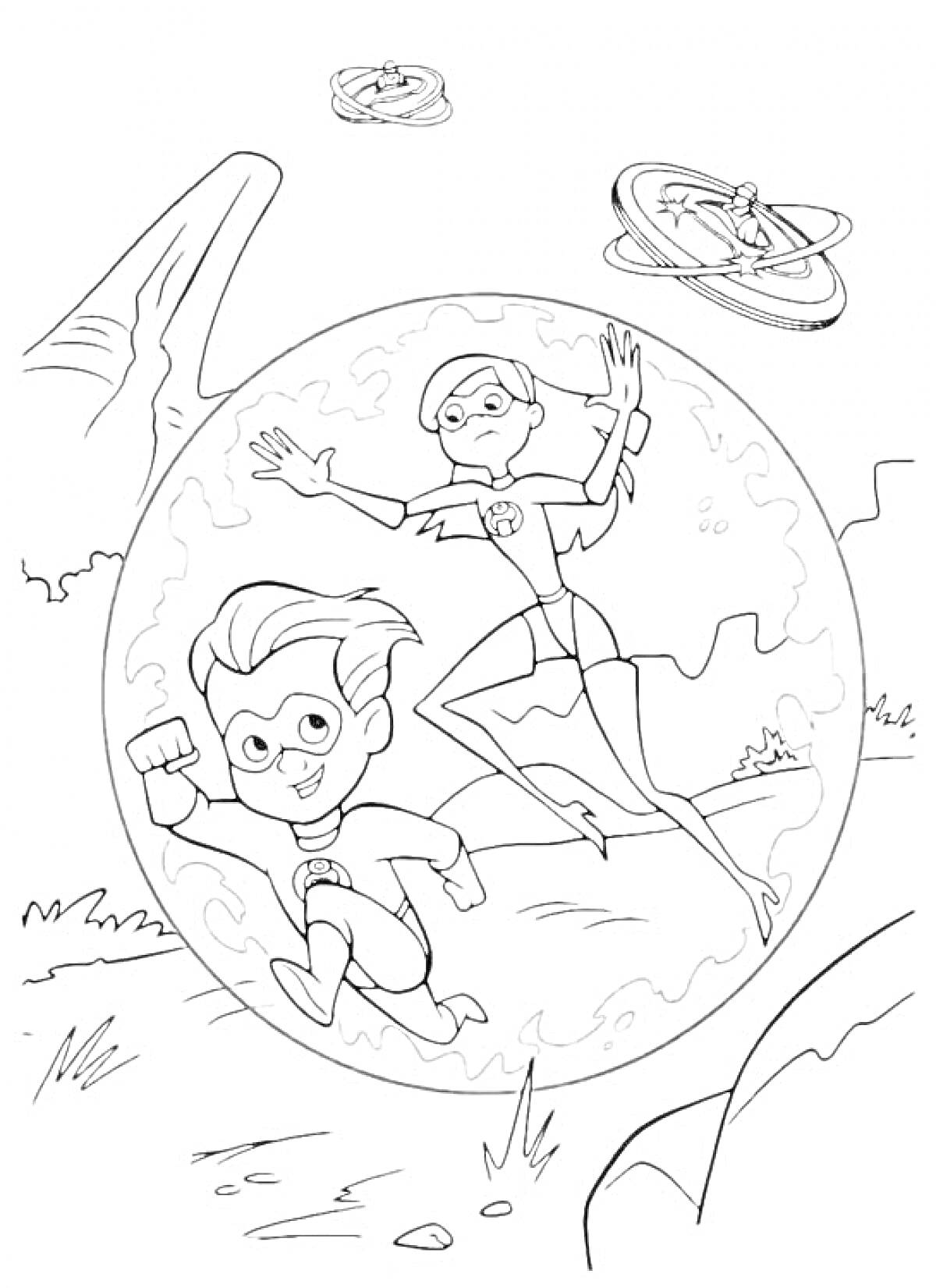 РаскраскаМальчик и девочка в супергеройских костюмах в пузыре, два летательных устройства на заднем плане 