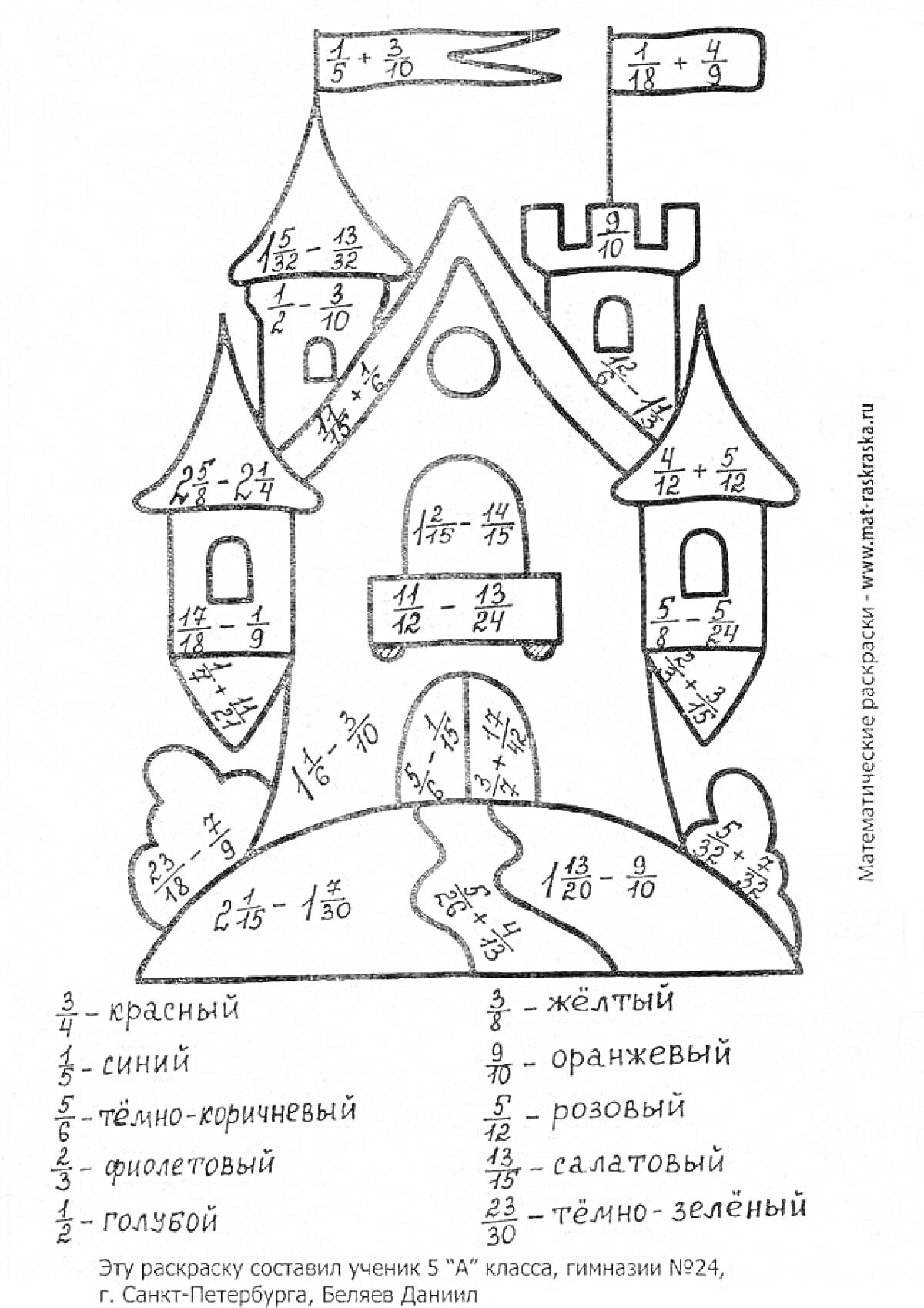 На раскраске изображено: Математика, Дроби, Замок, Обучение