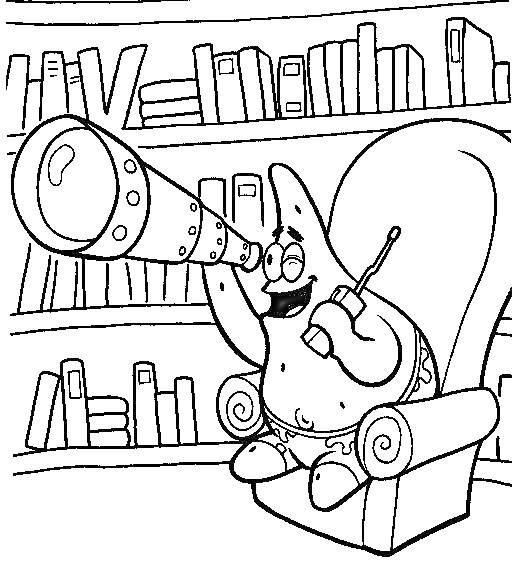 Раскраска Патрик в кресле с длиннофокусной трубой и рацией на фоне книжных полок.