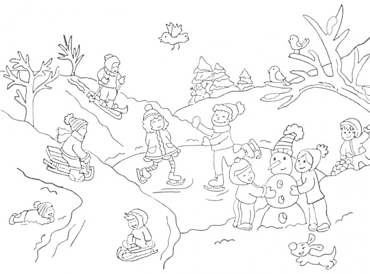 Раскраска Детский зимний отдых: катание на санках и лыжах, строительство снеговика, катание на коньках
