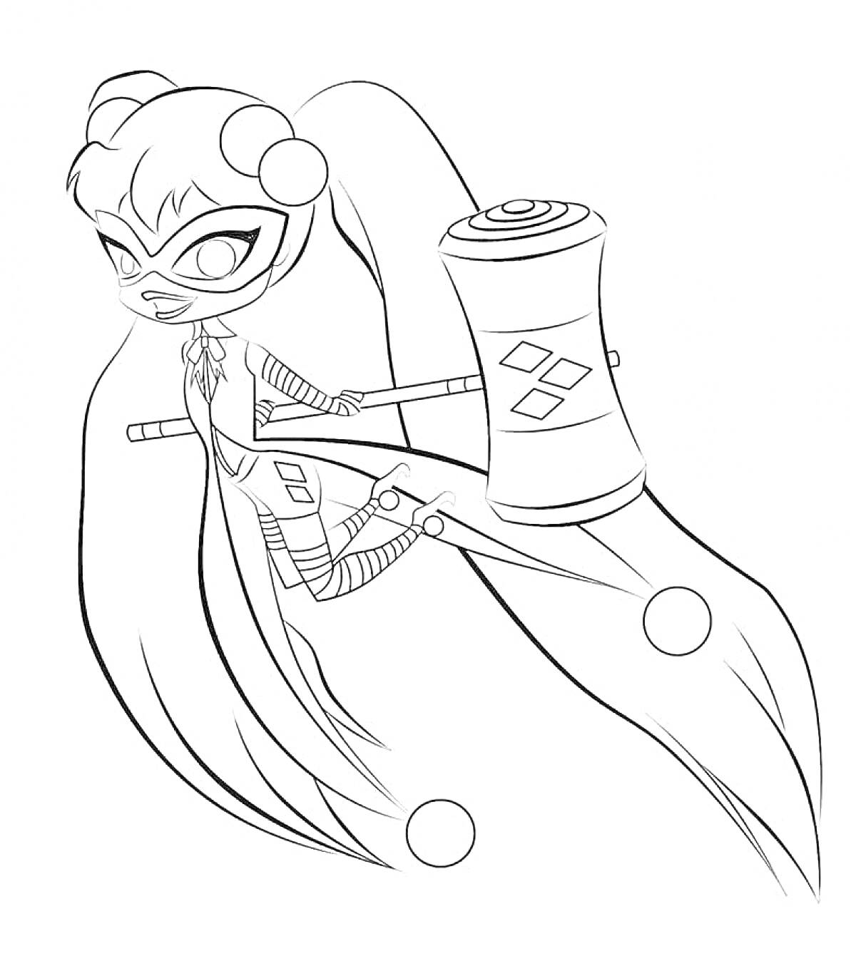 Раскраска Девушка в маске с длинными волосами и молотом, украшенным ромбами