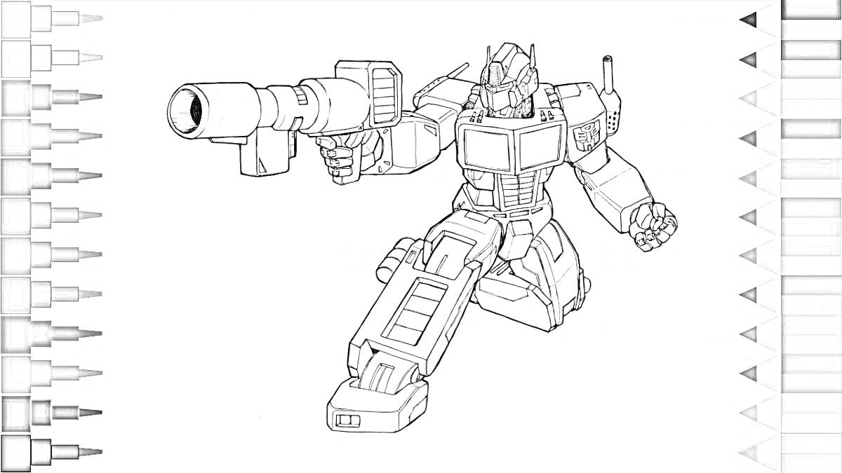 Раскраска Робот с огромной пушкой на одной колене, окружённый цветными карандашами