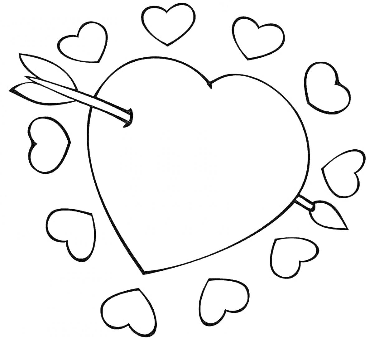 Раскраска Сердце с двумя стрелами и маленькими сердечками вокруг
