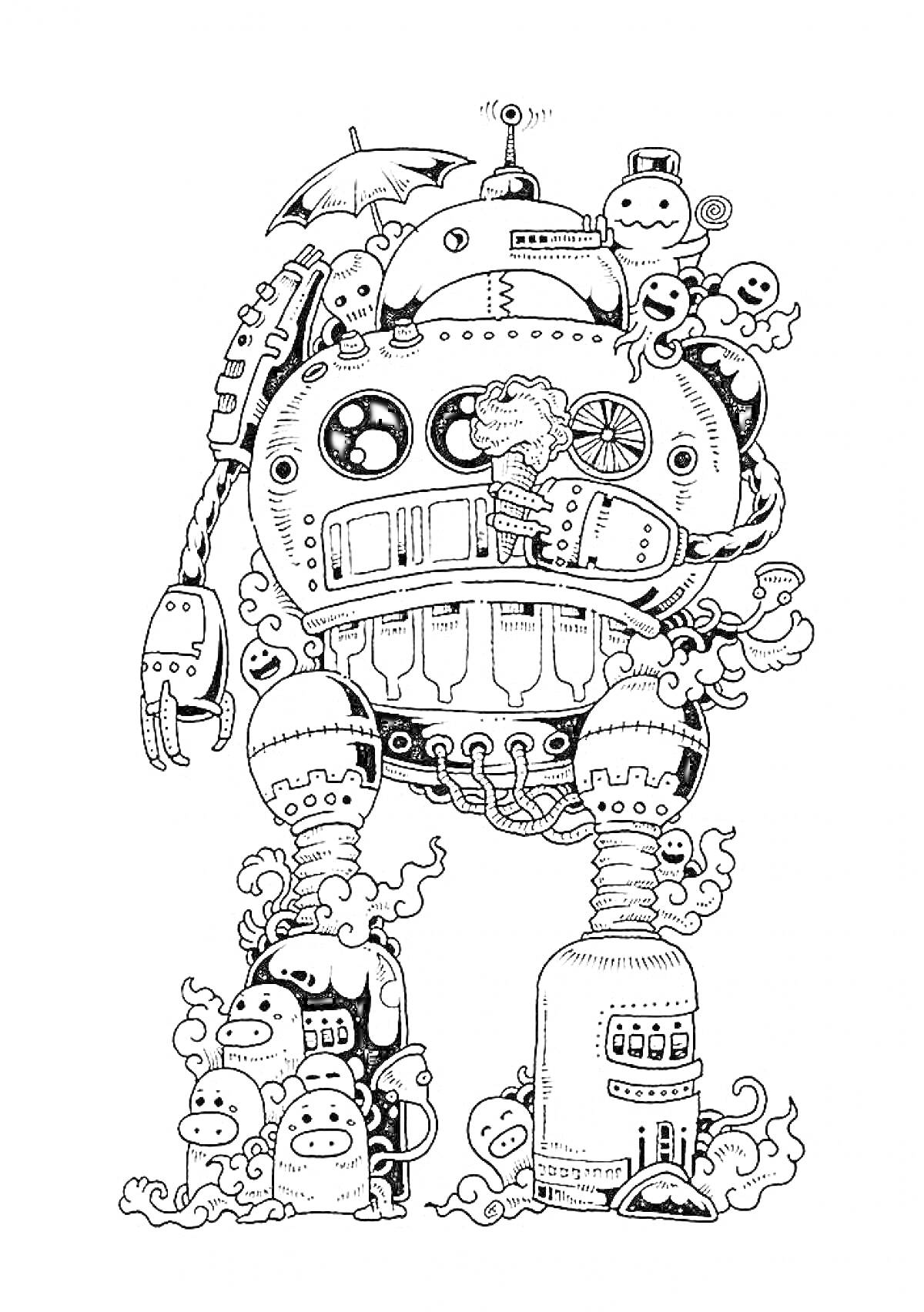 Раскраска Робот с множеством кнопок и датчиков, окруженный улыбающимися облаками и маленькими призраками с зонтиком на верхушке