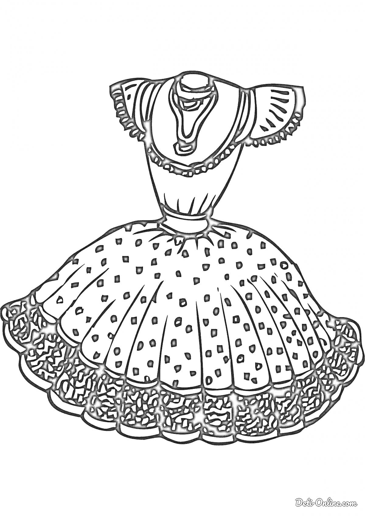 Раскраска Платье пышное с рюшами и орнаментом