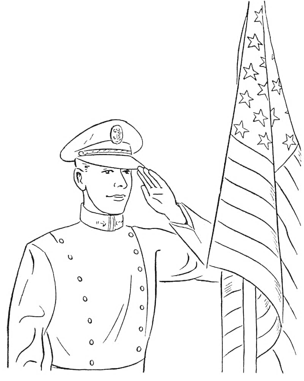 На раскраске изображено: Солдат, Фуражка, Честь, Американский флаг, Военный, Патриотизм, Форма, Армия