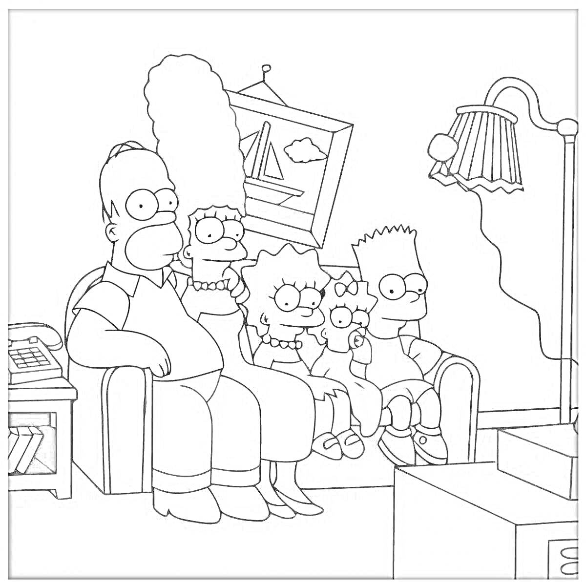 На раскраске изображено: Симпсоны, Гомер, Мардж, Барт, Лиза, Мэгги, Телевизор, Диван, Семья