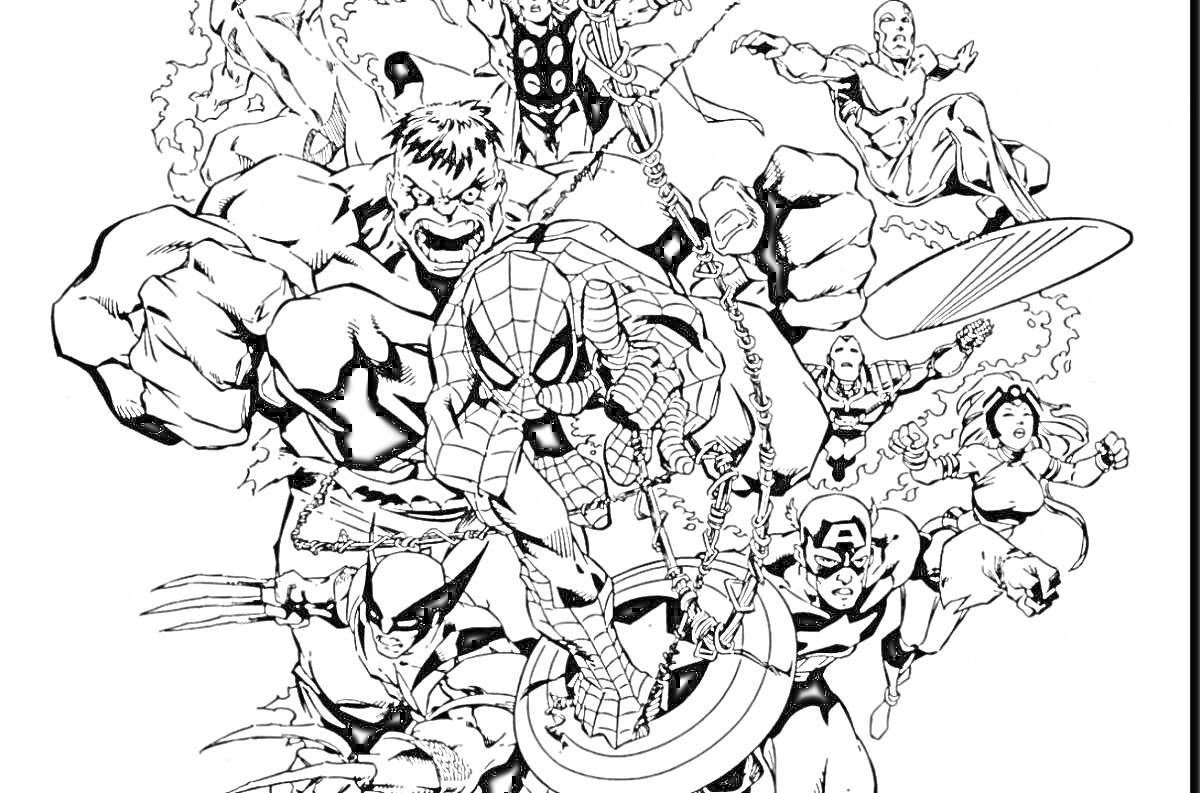 На раскраске изображено: Марвел, Супергерои, Человек-Паук, Капитан америка, Халк, Тор, Шторм, Росомаха, Комиксы