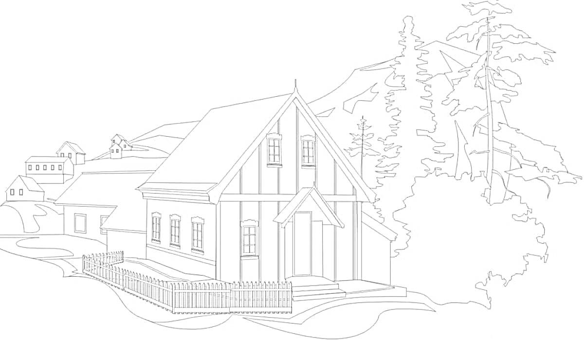Раскраска Дом мечты: деревянный дом с забором, лес и горы на заднем плане