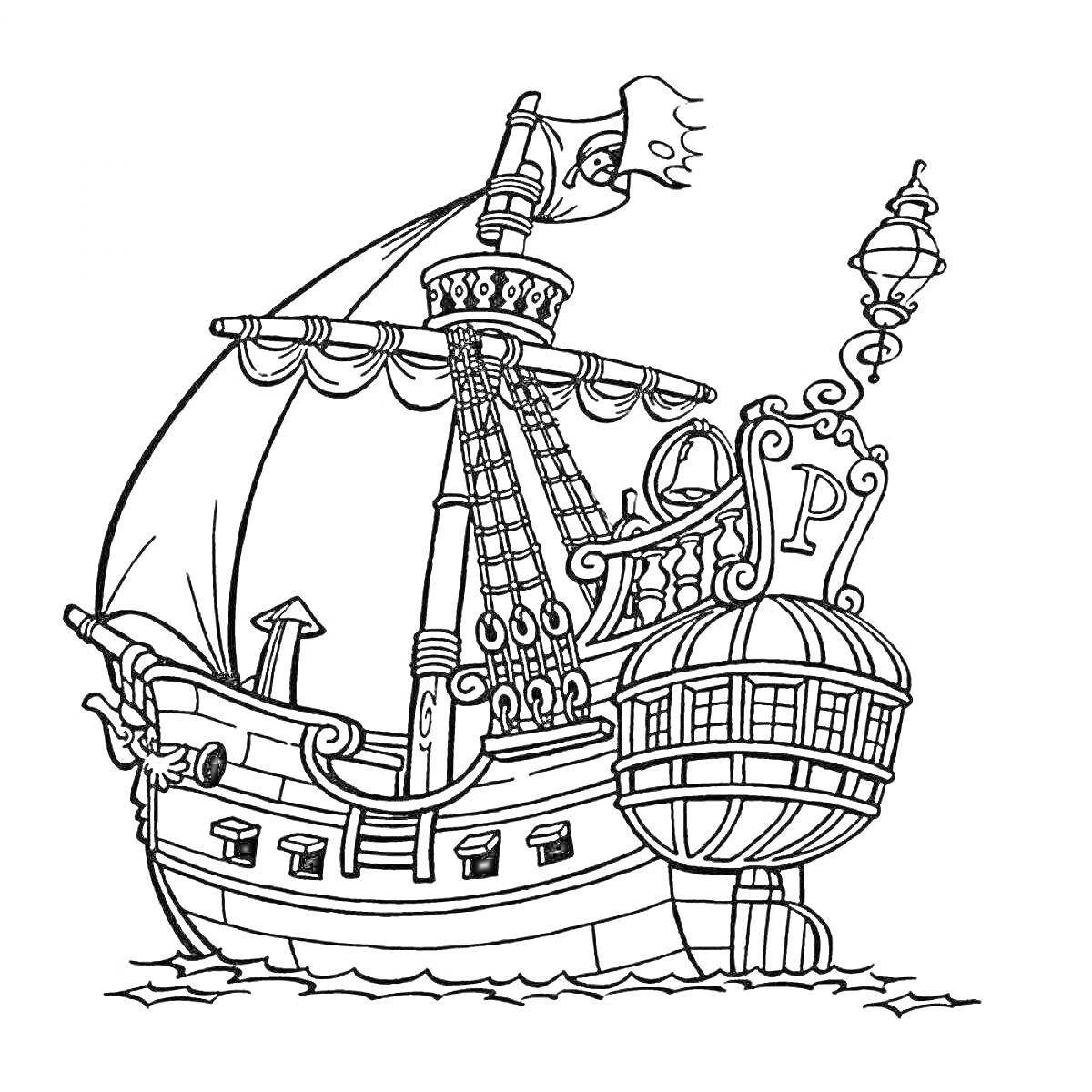 На раскраске изображено: Пиратский корабль, Паруса, Иллюминаторы, Море, Корабль, Пиратская тема, Приключения
